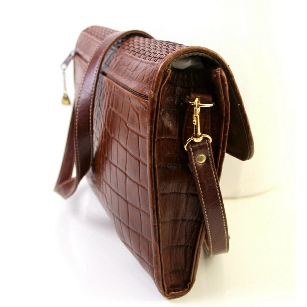 BRIO! BROWN CROCO BRAIDED GENUINE LEATHER ENVELOPE CLUTCH SHOULDER BAG HANDBAG - Picture 8 of 12